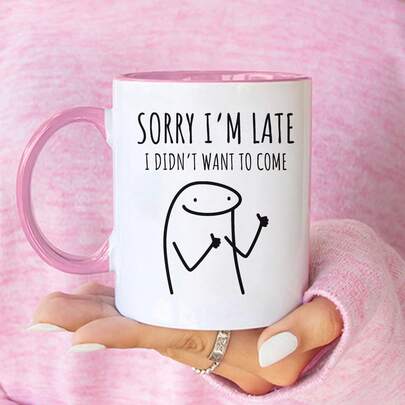 Cốc cà phê in hình meme Flork hài hước, châm biếm, dung tích 11oz, hai tông màu hồng và trắng - "Xin lỗi tôi đến muộn, tôi không muốn đến" - Món quà độc đáo dành cho bạn bè, đồng nghiệp, nam giới, nữ giới, sếp, gia đình, nhân dịp sinh nhật, Giáng sinh, trang trí bàn làm việc văn phòng.