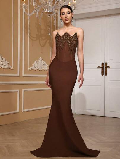  Đầm dạ hội cao cấp không dây vai, chất liệu dệt kim thanh lịch màu nâu Girsdy dành cho mùa xuân/hè, được làm thủ công với hạt cườm và đá quý, kiểu dáng ôm sát, hở lưng, dáng đuôi cá, thích hợp cho các buổi dạ tiệc, dạ hội, lễ tốt nghiệp, thiết kế không tay, hở vai, dự tiệc cưới.