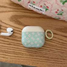 Ốp tai nghe thời trang, sáng tạo, màu xanh bạc hà với họa tiết hoa trắng nhỏ + hình tròn, phù hợp với Apple Pro3/Pro2/4/3/2, ốp tai nghe nữ tính/tối giản, ốp/vỏ tai nghe Apple, unisex - Màu xanh Bạc hà - Xem 2