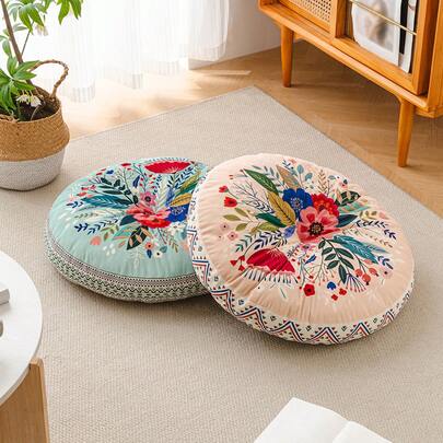 SANMOSPIN 1pc Bohemian Style Floral Round Floor Cushion, Removable & Washable Tatami Meditation Cushion, Home Decor