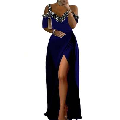 Elegant Women's V-Neck Long Formal Dress with Contrast Lace Detail & Flared Hem, Perfect for Prom & Evening Events