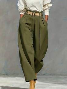Women's Solid Color Zipper Pocket Pleated Casual Loose Pants (Belt Not Included) Spring - Army Green - View 6