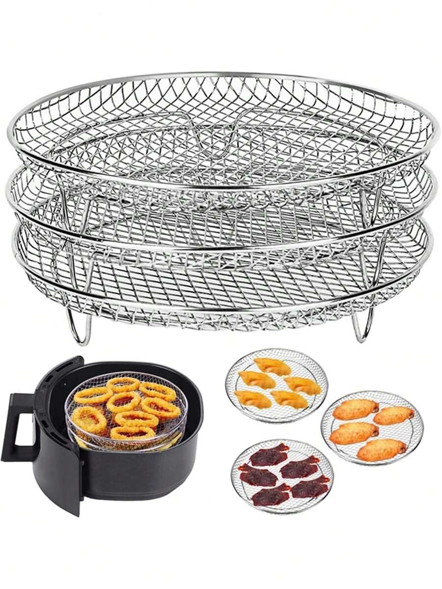 3/1 Set Of Gas Fryer Accessories, Three-Layer Circular Grill And Steamer, Stainless Steel Stackable Rack, Dehydrator, Fryer Accessories