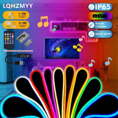 LQHZMYY 1 pieza Tira de luz LED de neón multicolor que cambia de color alimentada por USB - Activada por sonido, regulable, IP65, con control remoto, DIY, DC5V, ideal para el Día de San Valentín, tema de película, fiesta, regalo para novia/amiga, iluminación de fiesta Luces de fiesta de neón con atmósfera colorida alimentadas por USB