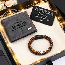 3PCS/Set Men's PU Wallet Bracelet And Card Lion & Cross Motivational Engraving, Multi-Card Slots & ID Window, Stylish Brown Secure Card Holder -Easter Gift For Him - Black - View 2