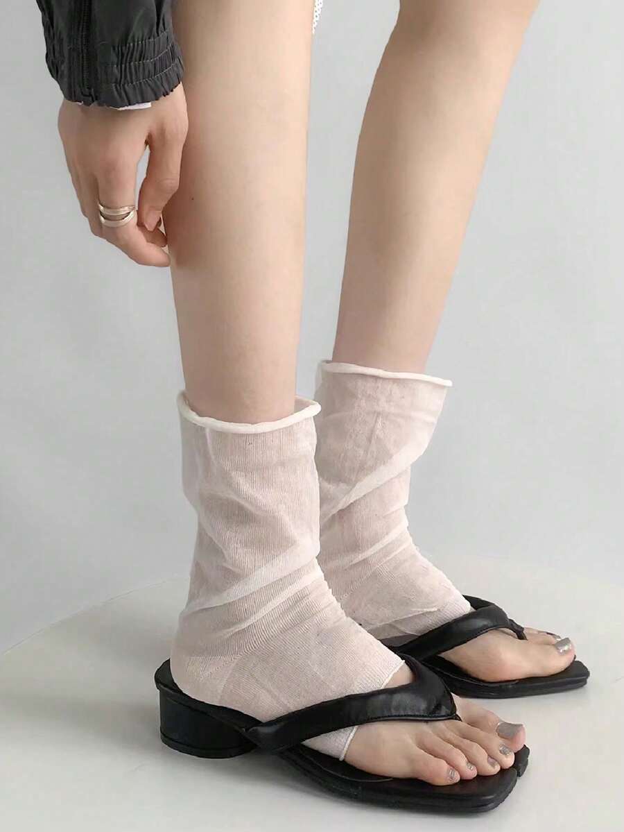 1 đôi tất giữ ấm chân mùa hè kiểu dáng ôm, tất giữ ấm mắt cá chân mỏng hở ngón màu trắng dành cho nữ, tất giữ ấm chân đến giữa bắp chân màu xám. - Nhiều màu - Xem 1
