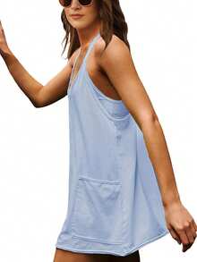 Conjunto de vestido mini deportivo para mujer con shorts incorporados, vestido mini de verano sin mangas - Celeste - Ver 4