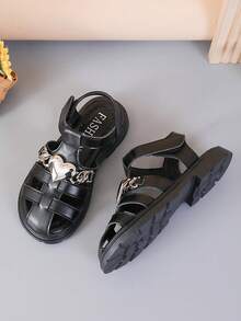 1 Pair New Minimalist Solid Color Heart Design Girls/Kids Hook And Loop Flat Sandals, Comfortable , Suitable For Spring/Summer Daily Wear - Black - View 4