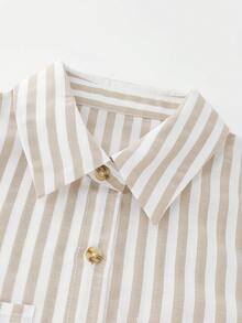 Kemeja Tanpa Lengan Berlipit dengan Motif Garis-garis Vintage Baru, Cocok untuk Liburan, Pakaian Musim Semi/Panas - Khaki - View 3