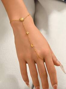 1 pezzo Braccialetto con anello decorato con zirconia cubica, braccialetto alla moda con pendente a forma di stella, luna e sole, gioiello in acciaio inossidabile impermeabile, adatto come regalo per appuntamenti o per l'uso quotidiano di donne - Dorato - Visualizzare 2