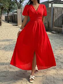 PoPoHouse Women's Solid Color Elegant V-Neck Puff Sleeve Dress, Suitable For Resort Wear, Spring/Summer Red - Red - View 9