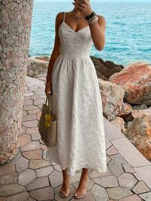 女士春夏法式优雅提花V领吊带A字中长连衣裙，白色，适合度假、婚礼宾客穿着 - 白色 - 查看 6