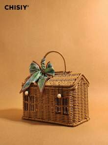 Original Handmade New Style Forest Style Girl Atmosphere Rattan Woven Box Bag Small House Shape Green Silk Scarf Bow Can DIY Handbag New Year's Gift - Brown - View 1