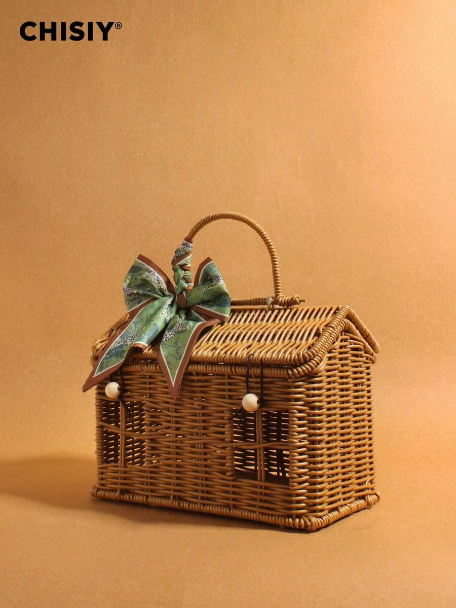Original Handmade New Style Forest Style Girl Atmosphere Rattan Woven Box Bag Small House Shape Green Silk Scarf Bow Can DIY Handbag New Year's Gift - Brown - View 1