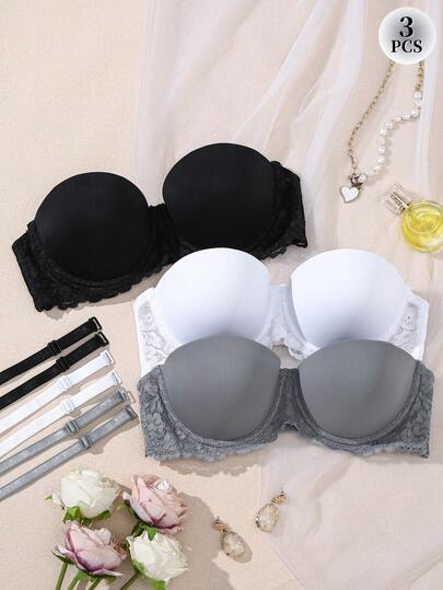 3pcs Smooth Seamless Women's Bras, Lace Patchwork Solid Color Minimalist Supportive Comfortable