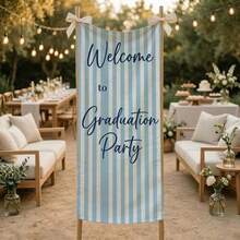20x63in Blue And White Striped Graduation Party Welcome Banner Sign Graduation Party Backdrop, Graduation Tapestry Yard Sign Grad Party Banner - 1 - 查看 2