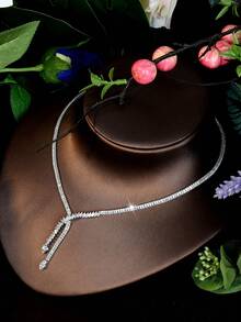 Bộ trang sức dây chuyền hình chữ Y màu bạc đính đá Cubic Zirconia (CZ) cắt hình baguette, gồm vòng cổ, bông tai, nhẫn và vòng tay, thích hợp cho lễ tốt nghiệp, kỳ nghỉ biển và sinh nhật. - Bạc - Xem 7