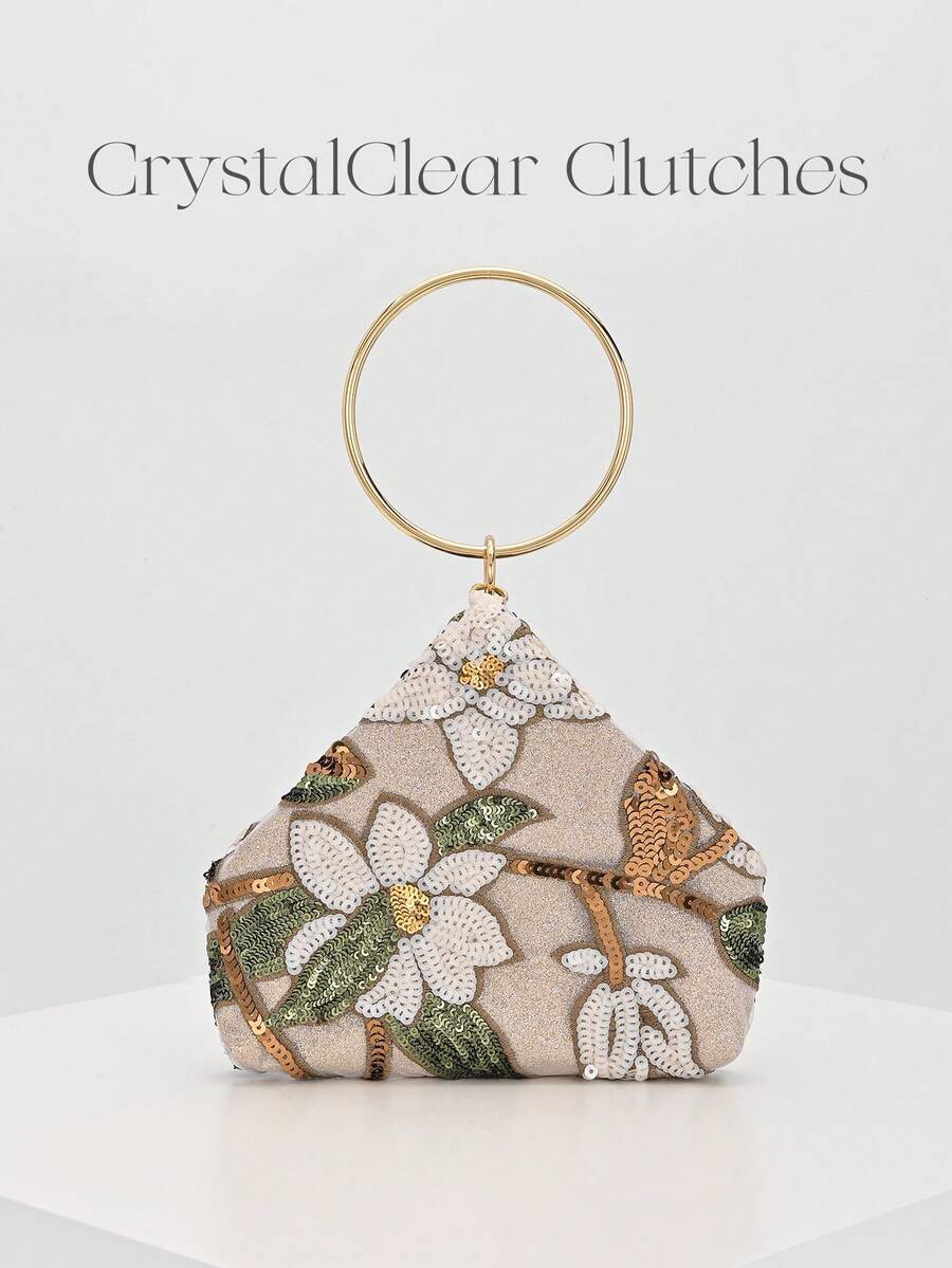 Sparkling Multi-Color Leaf & Floral Patchwork Crossbody Clutch Bag, Vintage Chain Strap Mini Square Box, Career Women, Randomly Patterned,Bride, Wedding Items - Gold - View 1