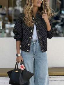 Áo khoác nữ mùa thu/đông in họa tiết, dáng mỏng nhẹ, thời trang & thanh lịch, phong cách thường ngày & đa năng, màu đen, thích hợp cho mùa xuân. - màu đen - Xem 3