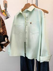Women's Solid Color Front Button Pocket Casual Shirt Spring - Pale Green - View 2