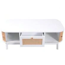 Coffee Table - Rattan Coffee Table, Rattan Drawers And Sliding Doors With Solid Wood Slats, Solid Wood Legs, Natural Rustic Style. - White - View 10