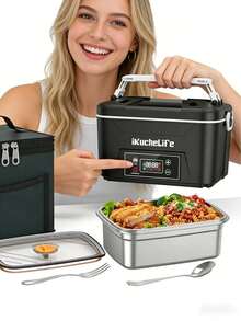 24000mAh Cordless Rechargeable Heated Lunch Box - 1.2L Scheduled Heating With Digital Display, 304 Stainless Steel Food-Contact Portable Food Warmer, Dishwasher Smart Timer For Office Travel Camping Road Trips, Battery-Powered With Spoon Fork Insulated Carrying Bag, Holiday Gift For Family Colleagues On-The-Go Dining - Black - View 2
