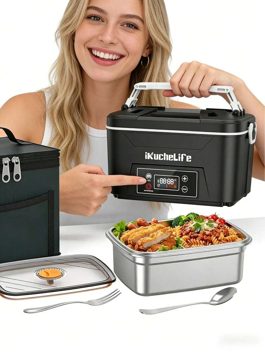 24000mAh Cordless Rechargeable Heated Lunch Box - 1.2L Scheduled Heating With Digital Display, 304 Stainless Steel Food-Contact Portable Food Warmer, Dishwasher Smart Timer For Office Travel Camping Road Trips, Battery-Powered With Spoon Fork Insulated Carrying Bag, Holiday Gift For Family Colleagues On-The-Go Dining