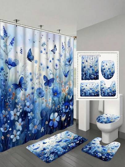 Bộ 4 rèm tắm họa tiết hoa và bướm màu nước xanh dương trang nhã - Chất liệu polyester cao cấp, kèm móc treo, có thể giặt máy, thiết kế nghệ thuật, tạo không gian ấm cúng cho ngôi nhà, trang trí phòng tắm sang trọng.