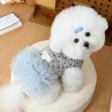 可爱条纹/爱心印花宠物胸背带裙，带牵引环，柔软薄纱裙摆，适合小型/中型犬，手工制作的甜美宠物服装 - 彩色 - 查看 4