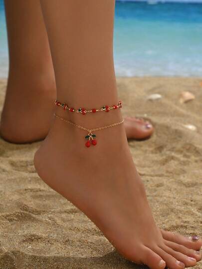 2条时尚可爱红色串珠樱桃吊坠脚链，女士个性化链条脚链，适合日常佩戴、派对、度假、送给女朋友的礼物