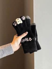 Cute Cartoon Touchscreen Knitted Gloves For Women, Letter Ribbed Woolen Gloves, Autumn/Winter Daily Commute Student Outdoor Phone Use Warm Protection Split Finger Gloves - Multicolor - View 11