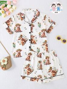 2pcs/Set Girls' Casual Funny Highland Cow Print Polo Collar Short Sleeve Cardigan And Shorts Pajama Set, Flame Retardant, All Season - Apricot - View 2