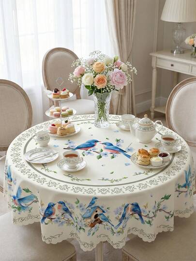 1 chiếc khăn trải bàn tròn in họa tiết chim xanh và hoa lá tinh tế, chất liệu polyester chống thấm nước, chống bám bẩn, chống dầu mỡ, không nhăn, phong cách Boho ngọt ngào, tuyệt vời cho mọi dịp, quà tặng tân gia, tiệc brunch Ngày của Mẹ, trang trí nhà bếp và phòng ăn quanh năm, phụ kiện không thể thiếu cho nhà cửa và tiệc tùng, khăn trải bàn trang trí nhà cửa, nhà bếp, đám cưới, trung tâm bàn tiệc cưới, trang trí phòng, trang trí cổ điển.