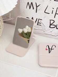 Foldable Portable Makeup Mirror With Black Art Letter Heart Pattern, White Mirror, With Stand, A-Z Letter Makeup Mirror, Travel Mirror, Beauty Product, Desktop Makeup Mirror, Rectangular Desktop Portable Makeup Mirror, Foldable Minimalist Makeup Mirror, Ideal Gift For Women, Mothers And Teachers - Multicolor - View 5