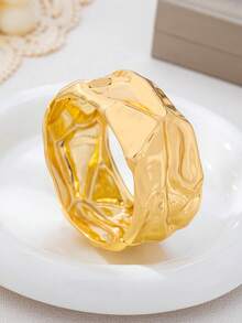 3pcs/Set Minimalist Geometric Hammered Asymmetrical Teardrop Thick Bangle Bracelet Set, Gold Tone, Suitable For Women, Solid Metal & Zinc Alloy Material - Yellow Gold - View 7