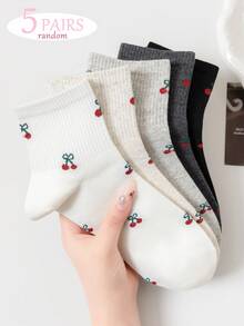 5 Pairs Cherry Print Socks For Women, Thin Fashionable Short Socks With Full Coverage Fruit Cherry Pattern, Soft Breathable Non-Binding White Student Socks, Versatile Must-Have (Random Color) - Multicolor - View 5