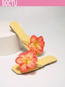 SOCTU Women's 3D Floral Toe-Post Sandals, Square Toe Flat Slippers, Summer Beach Vacation Shoes - Yellow - View 4