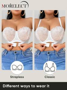 Morelect 大码女士蕾丝钢圈文胸，前扣式，提拉支撑，带衬垫罩杯 - 白色 - 查看 5