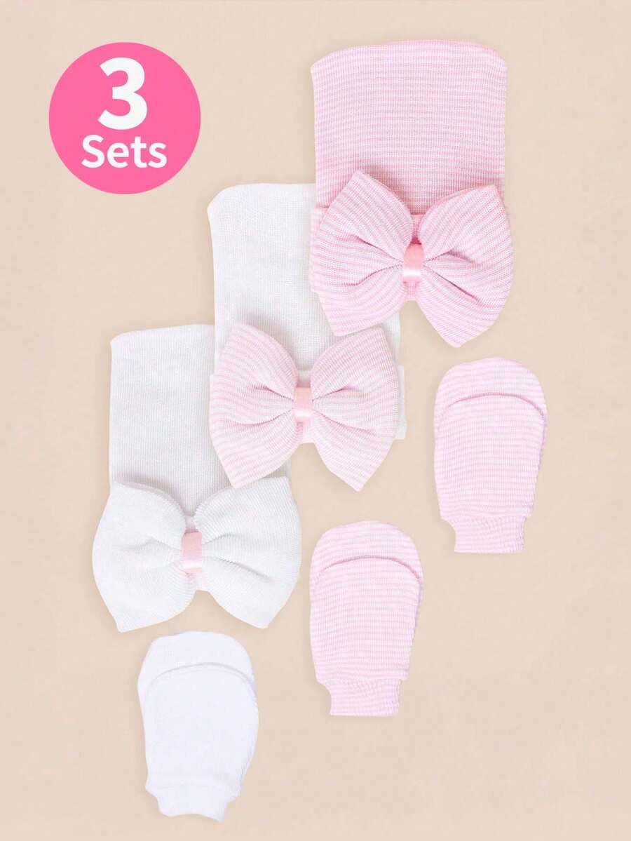 3pcs/Set 0-3M Newborn Baby Soft Bow Decor Hat And Gloves Set, Suitable For Daily Use - Multicolor - View 1