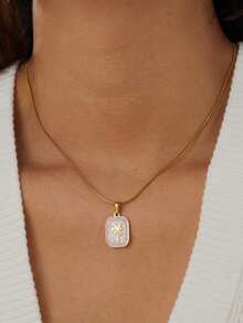 1件 时尚清新甜美滴油粉白色方块浮雕椰树图案吊坠镀金不锈钢锁骨项链 - 粉色 - 查看 5