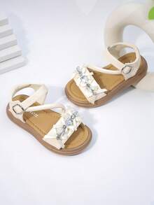 女童凉鞋，新款夏季儿童蝴蝶水钻休闲平底凉鞋，幼儿及小童软底厚底花朵露趾沙滩鞋 - 米色 - 查看 5