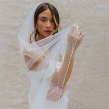 1pc Handmade Crystal & Pearl Bridal Veil With Hair Comb, Beaded Wedding Veil Accessory,Summer,Beach - Milky White - View 1