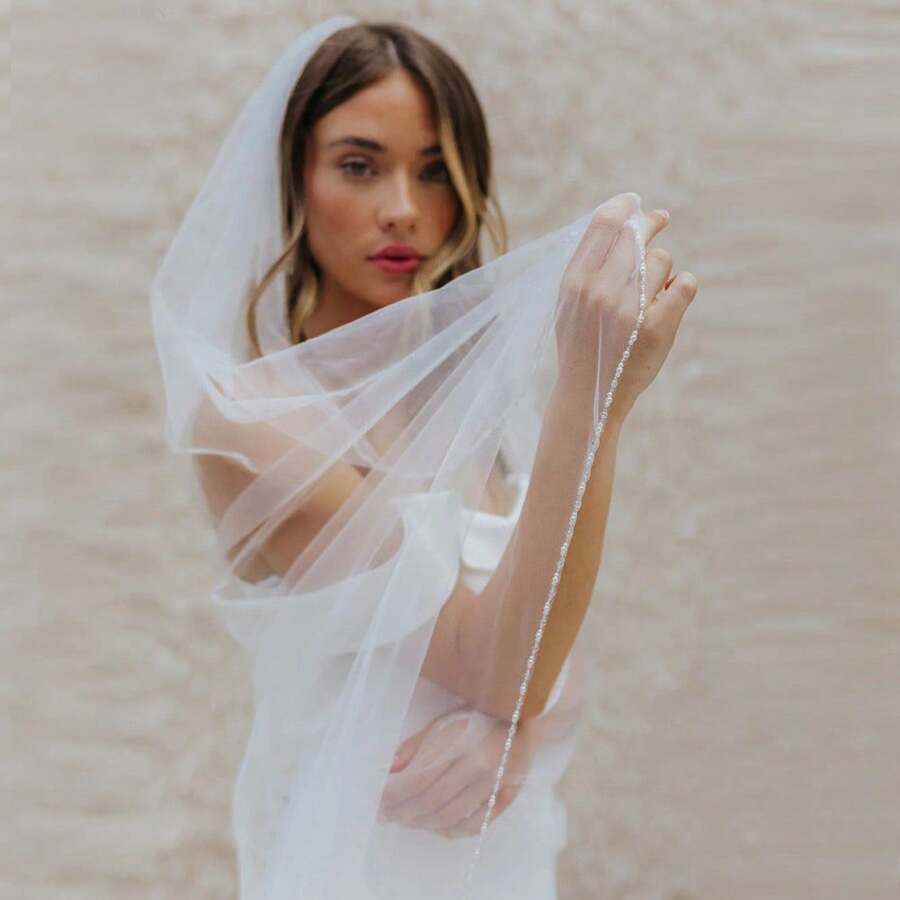1pc Handmade Crystal & Pearl Bridal Veil With Hair Comb, Beaded Wedding Veil Accessory,Summer,Beach - Milky White - View 1