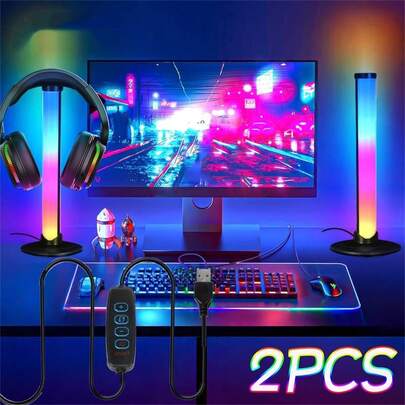 1个/2个LED台灯，LED灯条，RGB电视背光，USB供电环境照明，彩虹色变换，可调光速度，适用于派对电视、电脑电影、电脑显示器和桌面游戏室装饰，动态模式，加速或减速（带耳机支架，不含耳机）