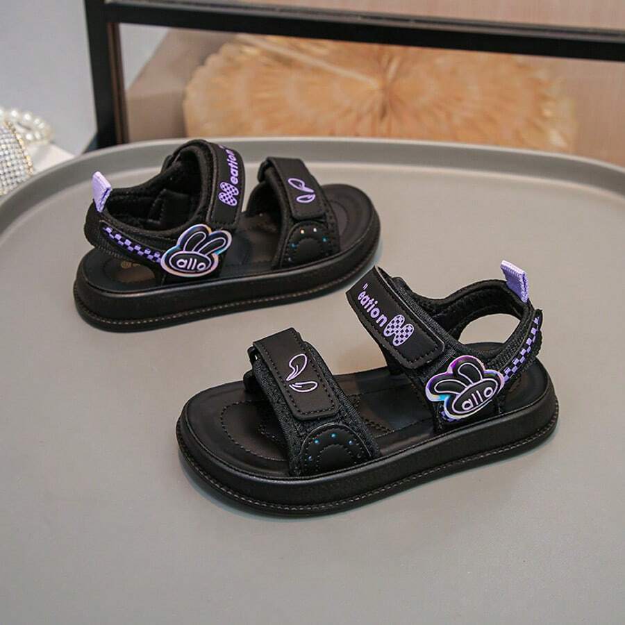 1双儿童魔术贴凉鞋，新款夏季儿童厚底防滑学步鞋，休闲百搭运动沙滩鞋 - 黑色 - 查看 1