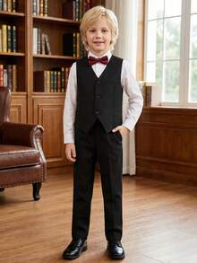 Boys Formal Suit Vest, Single-Breasted Waistcoat, Classic V-Neck Design, Wedding Birthday Party Graduation Ceremony, Formal Suit Set Single Piece - Black - View 9