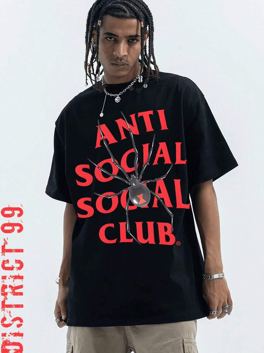Anti Social Club Spider Graphic Print Cropped T-Shirts For Boys And Girls Men, Women All Ages Family T-Shirt Letter New Streetwear Clothing Harajuku T-Shirt Cotton Half Sleeve Tee, Y2K Style Casual Cotton Classic Crewneck Design Tee - 黑色 - 查看 1