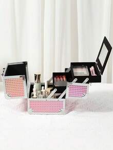 1pc Portable Makeup Organizer Box, Professional Makeup Bag With Mirror, Large Capacity Waterproof Multifunctional Cosmetic Travel Bag - Multicolor - View 3