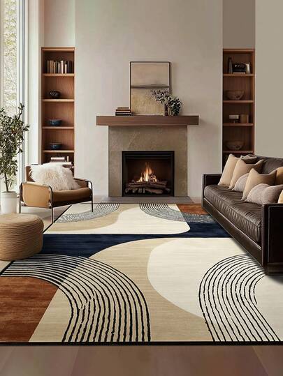 1pc Geometric Abstract Pattern Carpet, Modern Minimalist Fashionable Black White Gray Printed Polyester Rectangular Easy Care Washable Area Rug, Suitable For Living Room, Hallway, Bedside, Living Space, Bedroom, Office, Kitchen, Farmhouse Home Decor