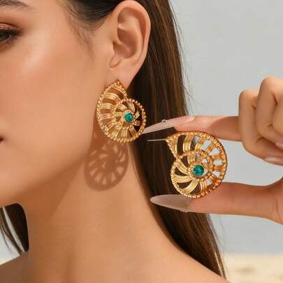 2件套夏季海滩波西米亚风螺旋贝壳女士耳环，镂空金色绿色水钻，复古海滩度假风饰品，适合派对和日常佩戴